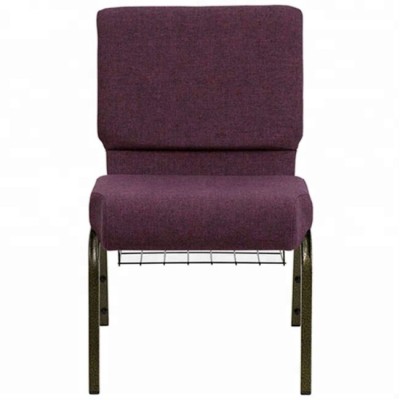 Cheap Church Chairs Cover with Fabric Wholesale Stacking Church Chair with Back Pocket Red Church Chair with Rack/Basket